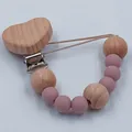 Silicone and beech wood bead pacifier clip with heart-shaped wooden fastener for babies - Dusty Rose