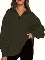 Detailed view of women's olive green half-zip oversized sweatshirt in soft fabric - Army Green