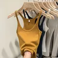 Slim fit ribbed knitted tank top with thin straps in mustard yellow for summer wear - S / Top (Q938) / Earthy Yellow
