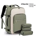 4-piece set sage green color-block travel backpack with three matching storage pouches - Four-Piece Set / Light Green & Beige