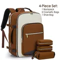Professional brown color-block 4-piece travel backpack set including organizer pouches - Four-Piece Set / Brown and White