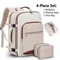 4-piece cream travel backpack set with cosmetic pouches and shoe bag - Four-Piece Set / Light Khaki & White