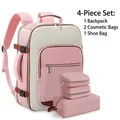 Pink color-blocking travel backpack 4-piece set including makeup and shoe pouches - Four-Piece Set / Pink and Off-White