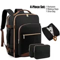 4-Piece travel backpack set with shoe bag and two makeup pouches, black and brown - Four-Piece Set / Black Brown
