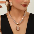 Elegant tricolor mesh chain jewelry set with crystal oval pavé Greek key pendant - Greek Meander Oval Full Rhinestone Set (01) / Gold