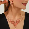 Elegant gold-plated jewelry set with red rhinestone fringe necklace and earrings - Bowknot Tassel 3-Piece Set (08) / Red