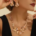 Elegant golden rose flower jewelry set with sparkling rhinestones for women, 3-piece set - 3D Rose Flower 3-Piece Set (06) / Gold