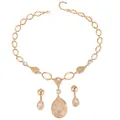 Rose gold jewelry set with crystal flower necklace and teardrop earrings - Hollow Pattern Water Drop Set (03) / Rose Gold