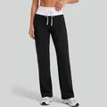 Women's high waist yoga pants with drawstring and white fold-over waistband in black - Starry Black
