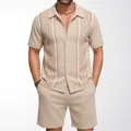 Men's beige knitted 2-piece set with jacquard short-sleeve cardigan and matching shorts. - 3XL / Top And Bottom / Apricot
