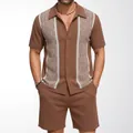 Men's brown short-sleeve knitted leisure set featuring elegant vertical jacquard patterns - M / Top And Bottom / Brown