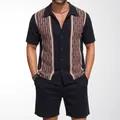 Casual men's navy knit set featuring contrast jacquard cardigan and matching shorts - M / Top And Bottom / Black
