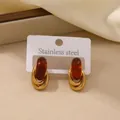 Boucles d'oreilles vintage en acier inoxydable avec résine marron sur carte élégante - Style Anneau Torsadé Ambre Vintage (BJGE2173)