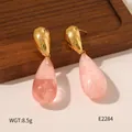 Boucles d'oreilles vintage en acier inoxydable doré avec pendentif goutte d'eau rose - Style Goutte d'Eau Longue Rose Clair (BJGE2284)