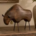 Artistic resin buffalo sculpture figurine with rustic wood-grain finish and metal legs - Rhino Figurine