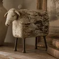 Rustic resin sheep figurine with wood-bark texture and metal legs for vintage home decor - Sheep Figurine (16x6x12cm)