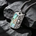 Cool titanium steel skull necklace with abalone shell inlay men's military dog tag - Colorful Pendant + 60cm Chain