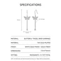 Detailed product specifications for butterfly tassel moissanite earrings with 14K gold plating. - Butterfly Tassel Style / Silver