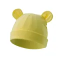Soft yellow knit cotton baby beanie with cute round ears for newborns and infants - One Size / Large Ears Style / Olive Green