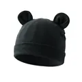 Solid black soft cotton newborn infant beanie hat with cute animal ear decorations - One Size / Large Ears Style / Black