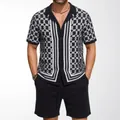 Men's Cuban collar knit set with geometric jacquard short sleeve shirt and black shorts. - M / Top And Bottom / Black