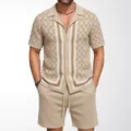 Men's beige knit two-piece set with geometric jacquard shirt and matching shorts - M / Top And Bottom / Khaki