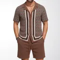 Men's coffee brown geometric knit set featuring a short-sleeve cardigan and matching shorts - M / Top And Bottom / Brown