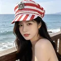 Fashionable red and white striped nautical sailor hat for women with anchor detail - Beret / Red