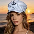 Blue and white striped sailor hat with anchor embroidery and bow detail for women - Beret / Light Blue