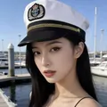 Elegant white and black nautical captain hat for women, stylish sailor yachting cap - Badge Style / Black