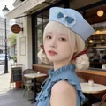 Elegant light blue summer sailor beret hat with decorative bow and heart pearl for women - Sweet Lace Bow Beret / Light Blue