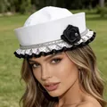 Stylish white sailor hat for women with black rose and a polka dot ruffle detail - Black Flower Decoration / White