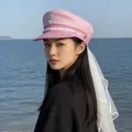 Chic pink nautical sailor hat with white veil for women, perfect for beach sun protection - Pink Badge Sailor Hat (with Tulle) / Pink