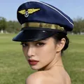 Stylish navy blue sailor cap for women with gold embroidery and a glossy black brim - Blue Captain Hat