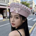 Fashionable pink sailor hat for women with lace, rhinestones, and bow, summer sunshade cap - Bow Ruffle Style / Pink