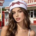 White vintage sailor hat for women featuring a dusty pink velvet bow decoration - Retro Navy Hat / White (Pink Bow)