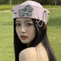 Stylish pink navy-style hat for women featuring a large crystal butterfly and edgy silver chain - Rhinestone Butterfly And Studded Style / Pink