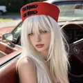 Fashionable red sailor hat with buckle detail worn by a model in a vintage car - Sailor Hat With Black Leather Buckle / Red