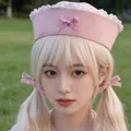 Sweet pink sailor hat featuring lace trim and a plaid bow worn by a young female model. - Lace Edge Sailor Hat / Pink With Lace Edge