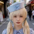 Stylish light blue sailor hat for women featuring a bow and lace trim detail - Lace Edge Sailor Hat / Blue With Lace Edge
