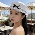 Elegant white sailor hat for women featuring black bow and sparkly rhinestone lace detail - Rhinestone Sailor Hat / White Rhinestone Lace Black Bow
