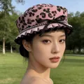 Stylish pink leopard print sailor hat with black bow and ruffle brim for women sunshade - Leopard Lace Trim Sailor Hat / Pink Leopard Bow
