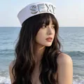 White sailor hat with silver 3D 'SEXY' lettering for women summer fashion accessory - Letter Sailor Hat / White with SEXY Letter Print
