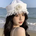 Elegant white sailor hat for women featuring lace trim and pearl floral decorations - White Flower Sailor Hat / White