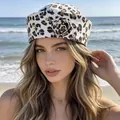 Women's leopard print sailor hat for summer sun protection in a stylish navy design - Off-White Leopard Flower Sailor Hat / Beige Leopard