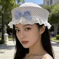 Stylish women's striped sailor sun hat featuring a blue plaid bow and delicate white lace trim - Pink Striped Sailor Hat with Lace Bow / Pink Stripe