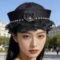 Elegant black lace sailor hat with rose and crystal details for women's fashion - Black Sailor Hat with Rhinestone Rose / Black