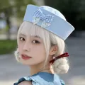 Light blue sailor hat for women featuring a gingham bow and elegant lace detailing - Sailor Hat with Lace Bow / Light Blue