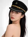 Elegant black navy sailor captain hat with gold anchor embroidery worn by female model - Black Square Label Sailor Hat