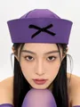 Stylish purple sailor hat with black bow detail for women in navy style. - Purple Black Bow Sailor Hat